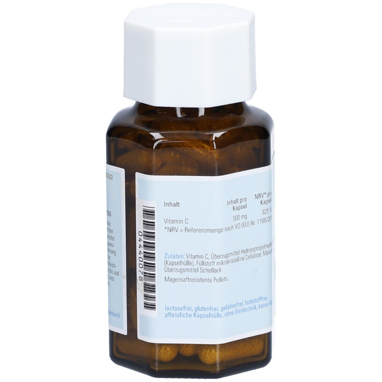 Rückseite einer braunen Glasflasche mit weißem Deckel. Aufschrift: naturafit Vitamin C 500 Depot. Zutatenliste und weitere Informationen.