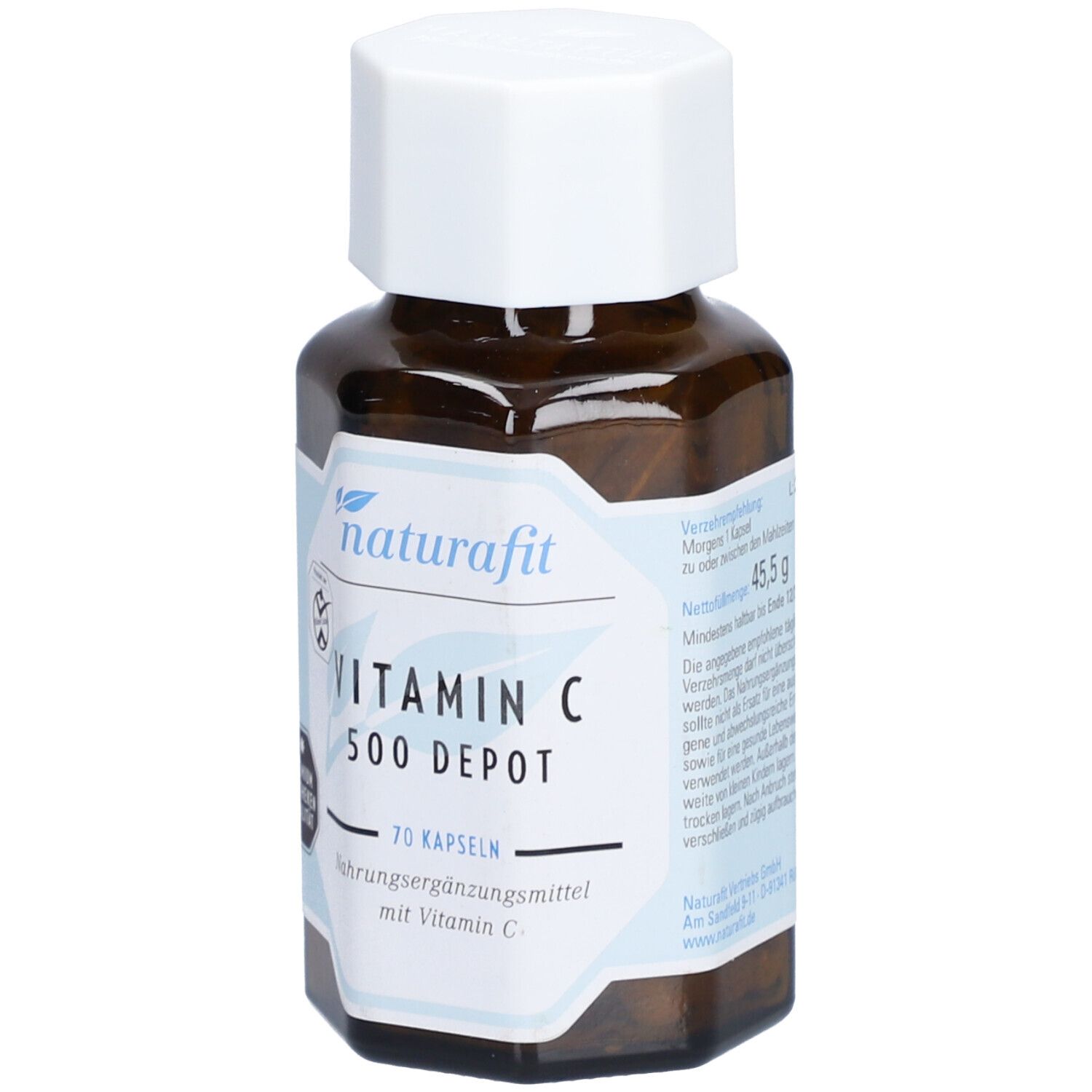 Braune Glasflasche mit weißem Deckel. Aufschrift: naturafit Vitamin C 500 Depot, 70 Kapseln. Informationen zu Inhaltsstoffen und Nährwerten.