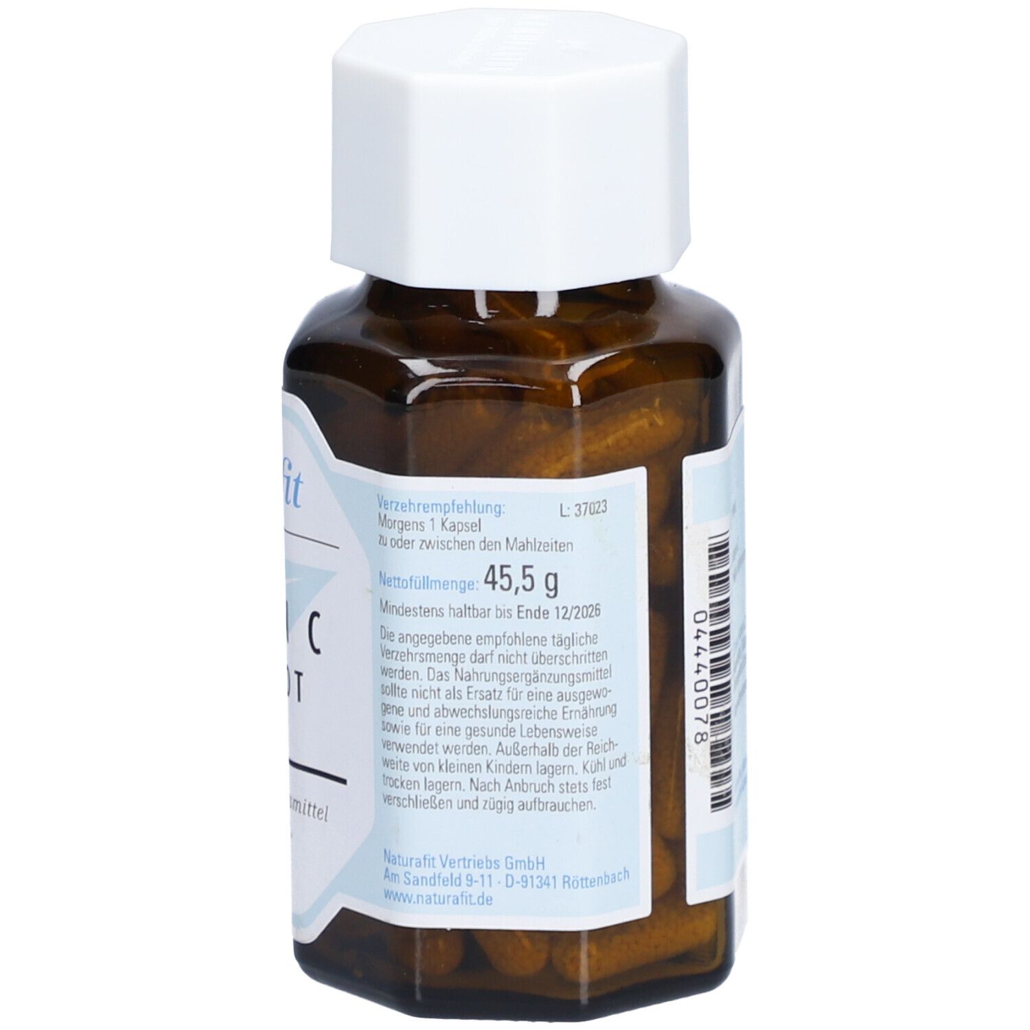 Rückseite einer braunen Glasflasche mit weißem Deckel. Aufschrift: naturafit Vitamin C 500 Depot. Informationen zur Anwendung und Haltbarkeit.