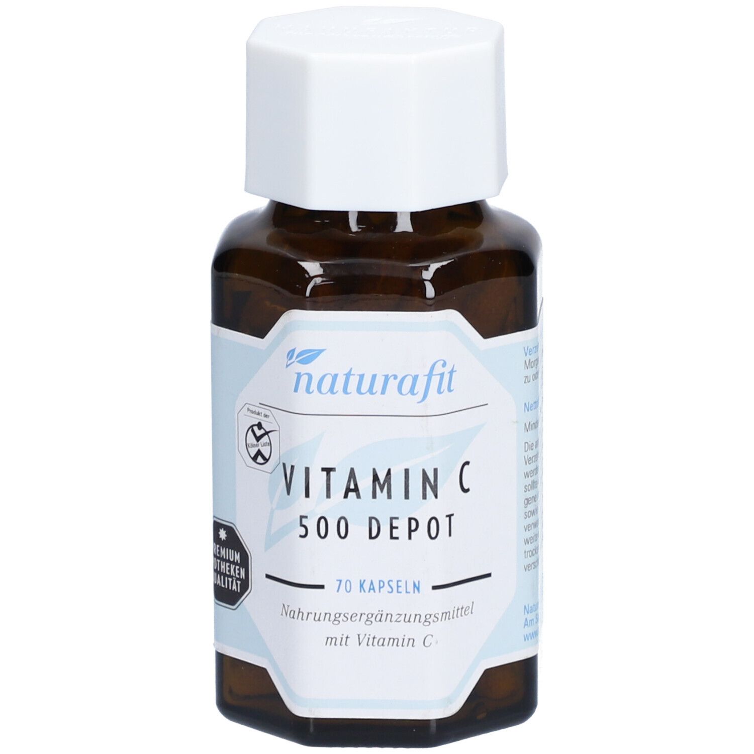 Braune Glasflasche mit weißem Deckel. Aufschrift: naturafit Vitamin C 500 Depot, 70 Kapseln. Premium Apotheken Qualität.