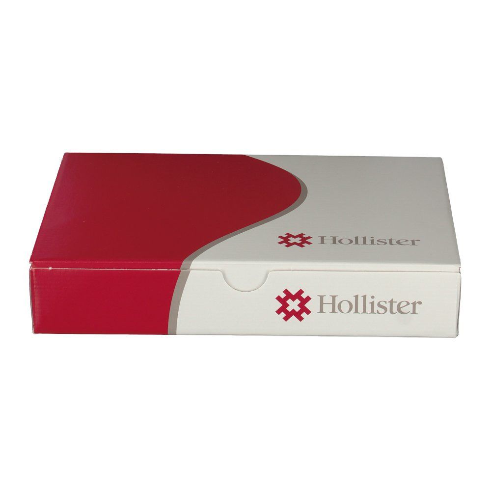 Geschlossene Verpackung von Hollister Auffangbeuteln. Weiß-roter Karton mit Logo. Produktinformationen sind sichtbar. CE-Kennzeichnung.
