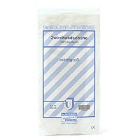 Weiße Einmalhandschuhe in Folienverpackung. Aufdruck mit Produktname und Größenangabe.