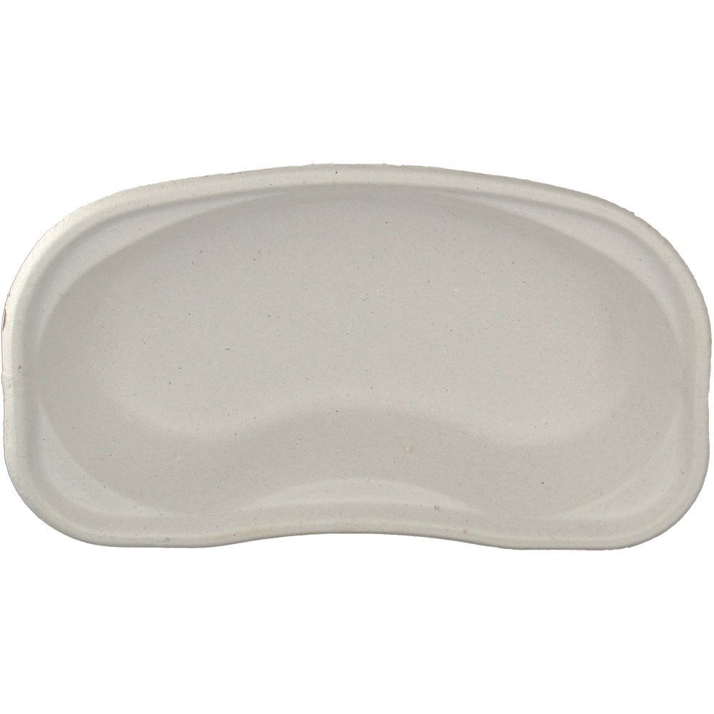 Nierenschale, weiß, aus Kunststoff. Nierenförmige Form mit leicht erhöhtem Rand. Ansicht von oben.