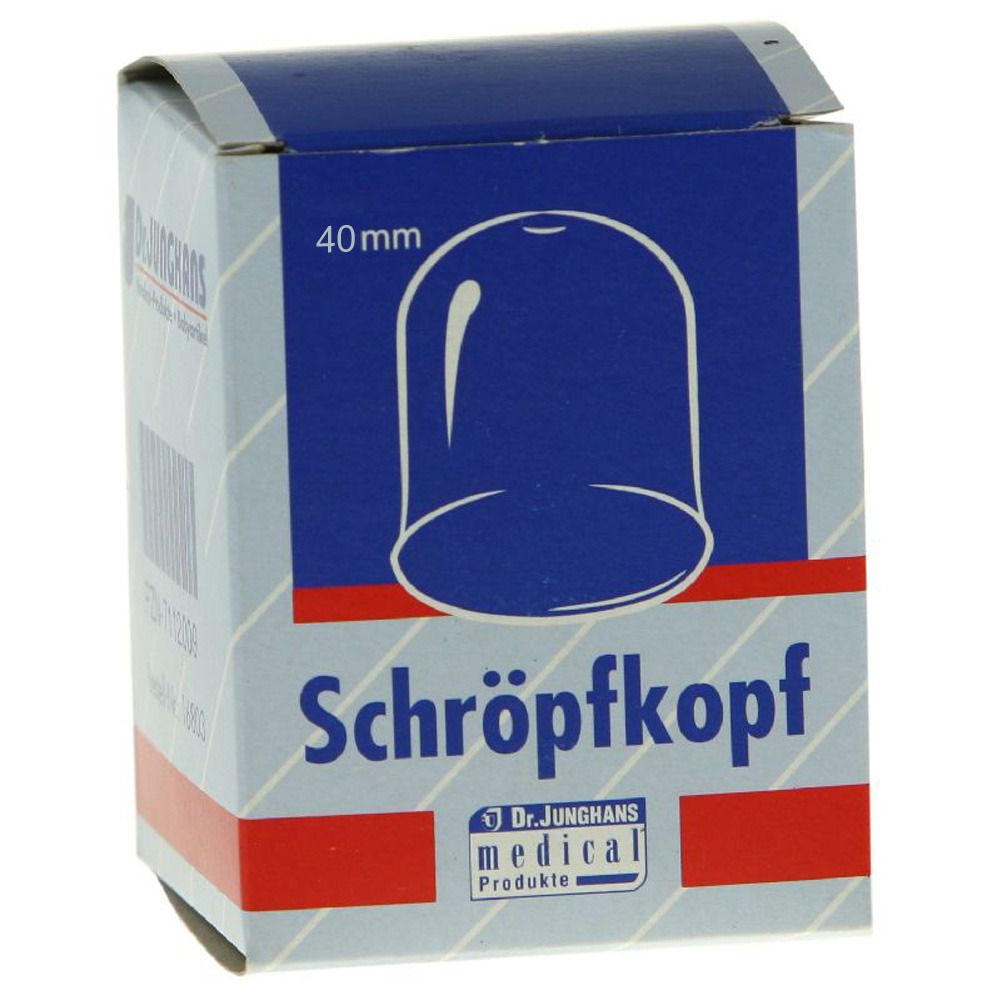 Schröpfkopf-Verpackung. Blaue Illustration des Produkts mit 40 mm Angabe. Schriftzug "Schröpfkopf" und Logo "Dr. Junghans medical Produkte".
