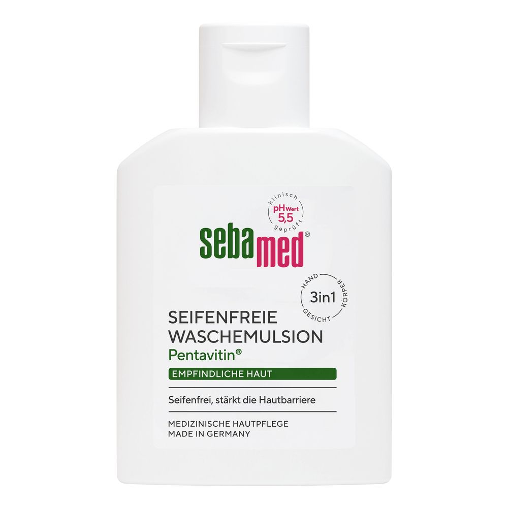 Weiße Flasche mit sebamed® Flüssig Wasch-Emulsion. Aufschrift: Seifenfrei, für empfindliche Haut. pH-Wert 5,5.