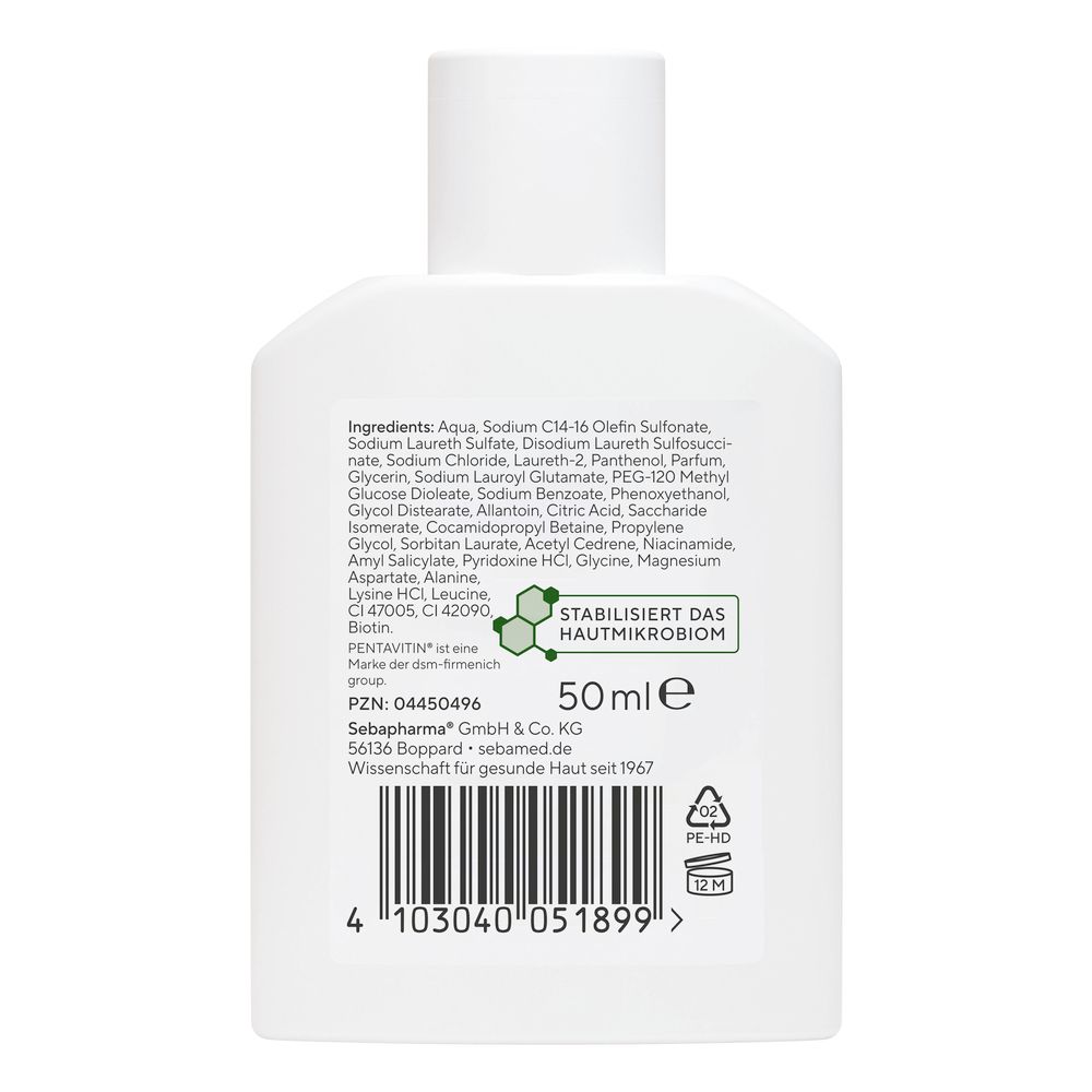 Rückseite der weißen Flasche mit Inhaltsstoffen und 50ml. Aufschrift: Stabilisiert das Hautmikrobiom. Barcode.
