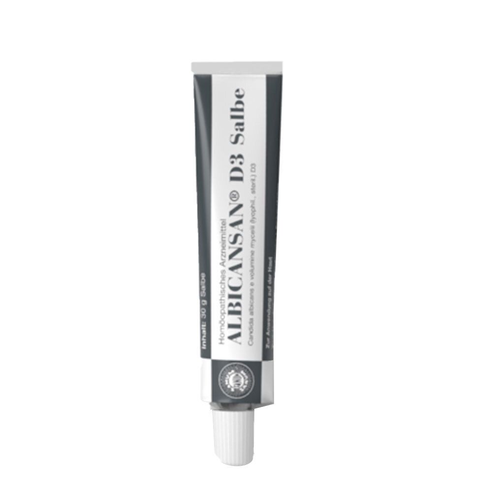 Tube Albicansan® D3 Salbe. Weißer Tubenkörper, grauer Deckel und Schriftzug. Homöopathisches Arzneimittel.