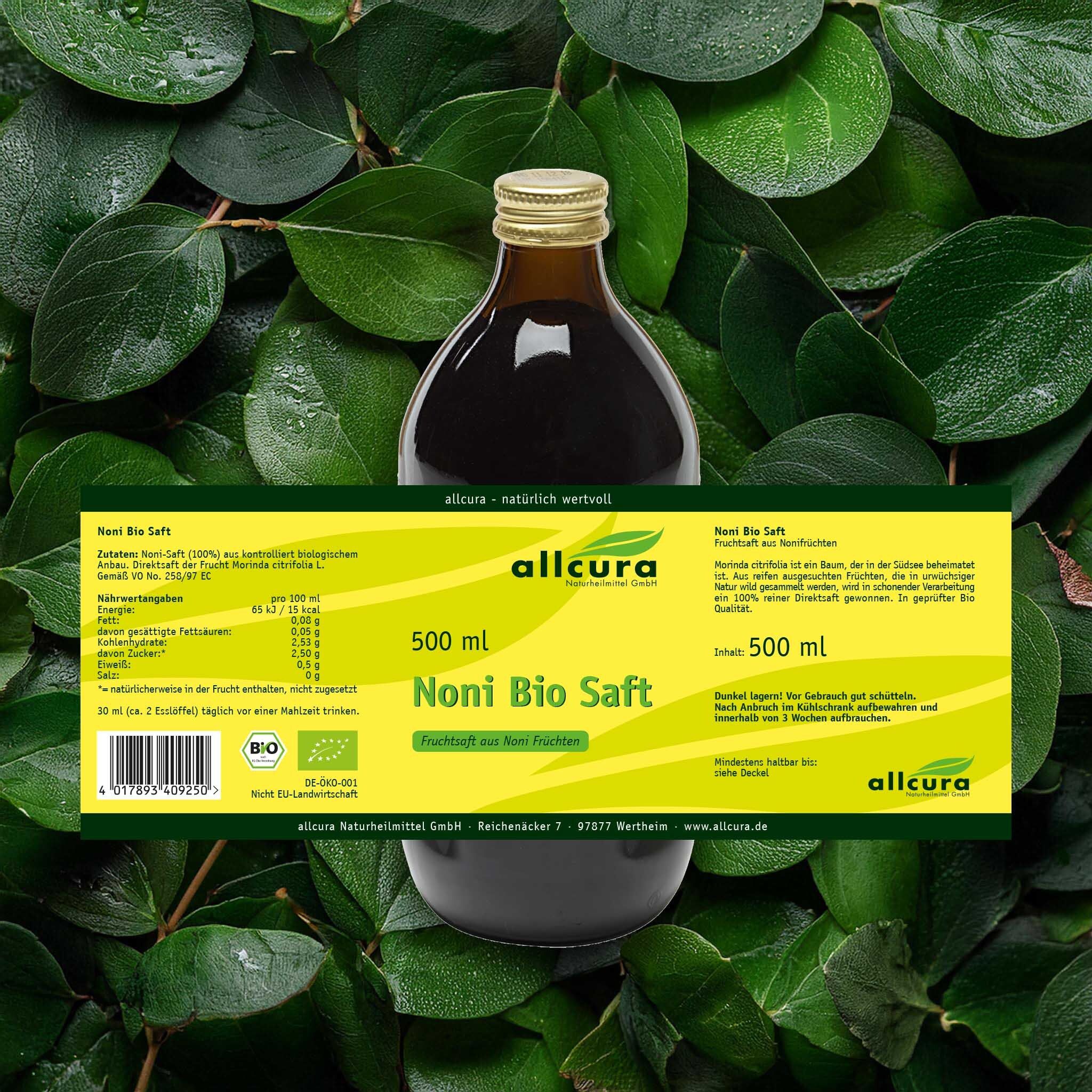 Braune Glasflasche mit gelbem Etikett. Aufschrift: allcura Noni Bio Saft. Mit Nährwertangaben.