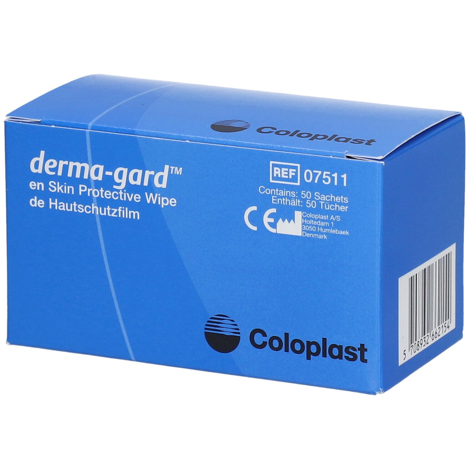 Blaue Schachtel mit "derma-gard" und "en Skin Protective Wipe". Enthält 50 Tücher. Marke Coloplast. CE-Kennzeichnung.