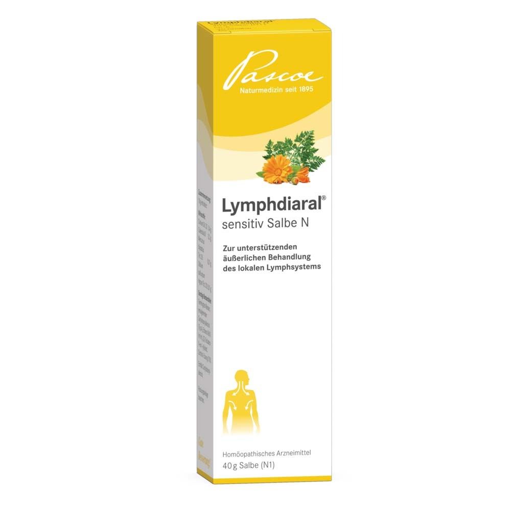 Gelbe Faltschachtel mit Produktnamen und Logo. Enthält Salbe. Aufdrucke: Pascoe, Lymphdiaral sensitiv Salbe N.