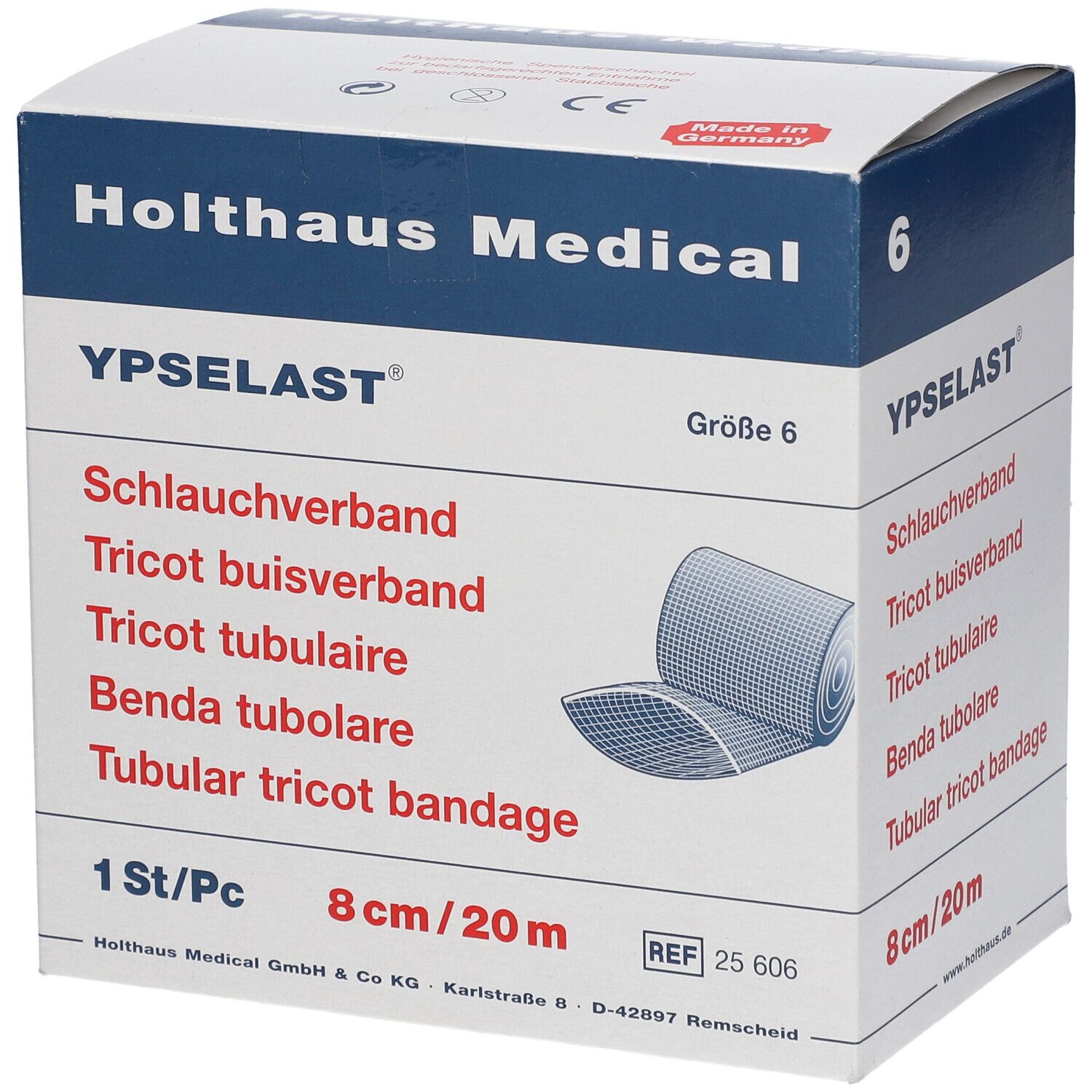 Verpackung von YPSELAST® Schlauchverband. Größe 6. 8cm/20m. Holthaus Medical. CE-Zeichen. Made in Germany.
