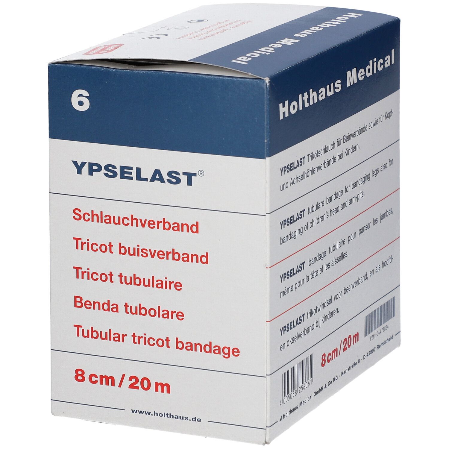 Verpackung von YPSELAST® Schlauchverband. Größe 6. 8cm/20m. Holthaus Medical. CE-Zeichen. Made in Germany.