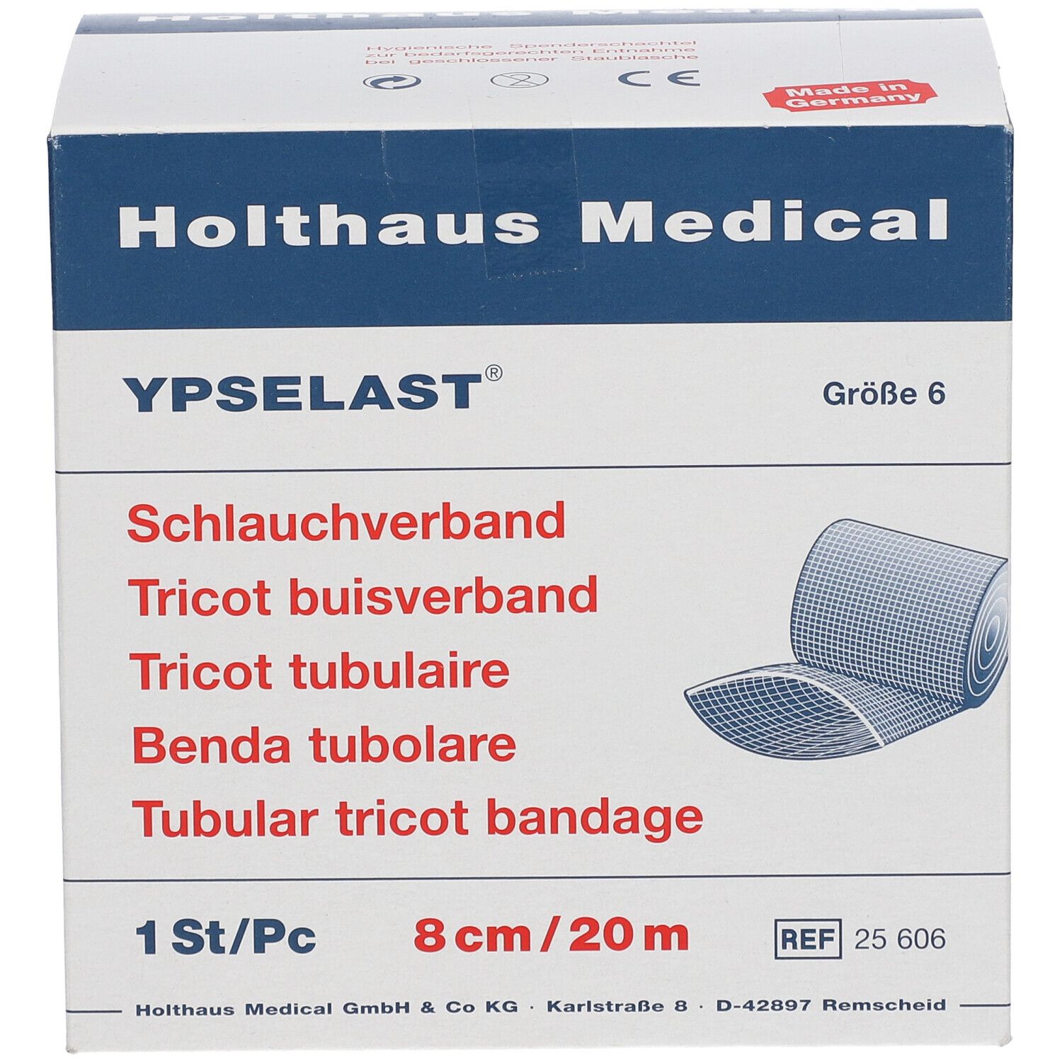 Verpackung von YPSELAST® Schlauchverband. Größe 6. 8cm/20m. Holthaus Medical. CE-Zeichen. Made in Germany.