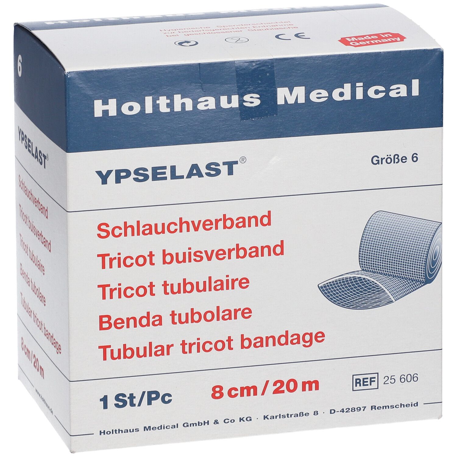 Verpackung von YPSELAST® Schlauchverband. Größe 6. 8cm/20m. Holthaus Medical. CE-Zeichen. Made in Germany.