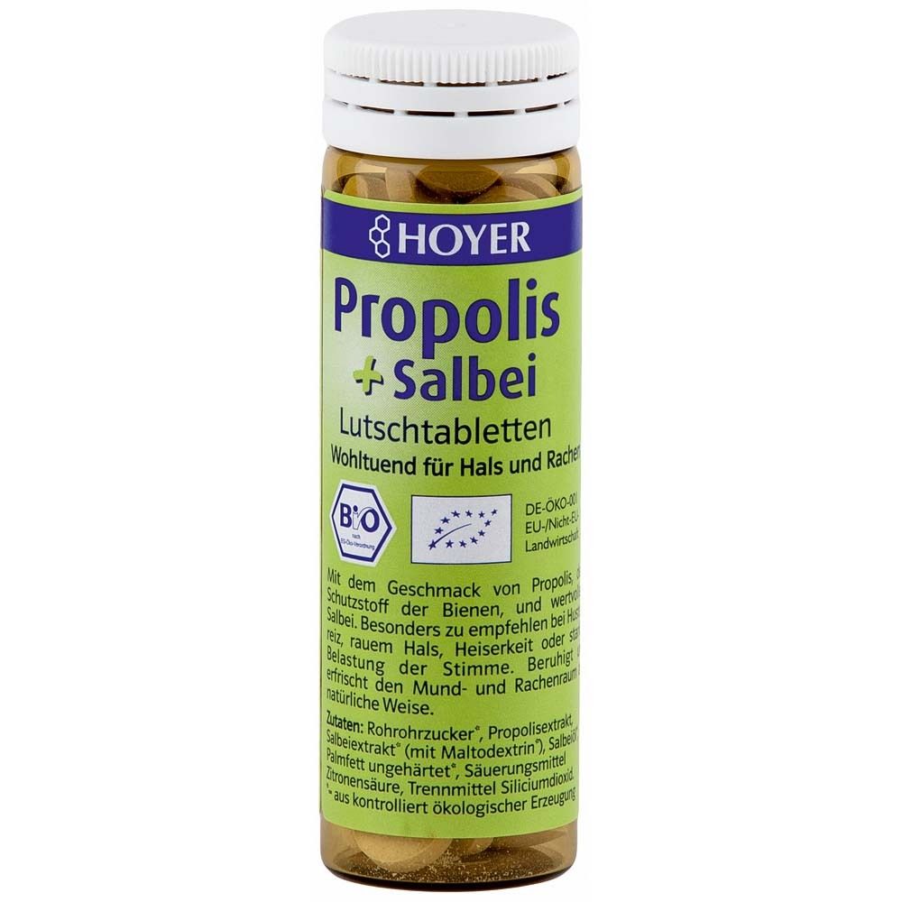 Zylindrische Flasche mit Tabletten. Aufschrift: HOYER Propolis + Salbei Lutschtabletten. Bio-Siegel.