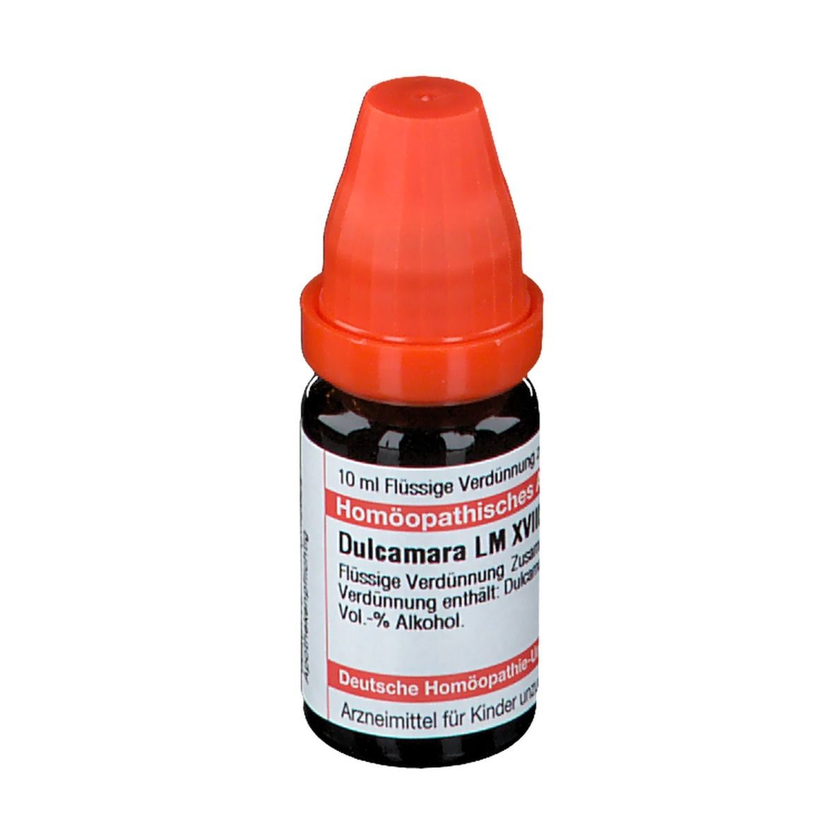 Braune Glasflasche mit rotem Verschluss. Beschriftung: Dulcamara LM XVIII, 10 ml Flüssige Verdünnung.