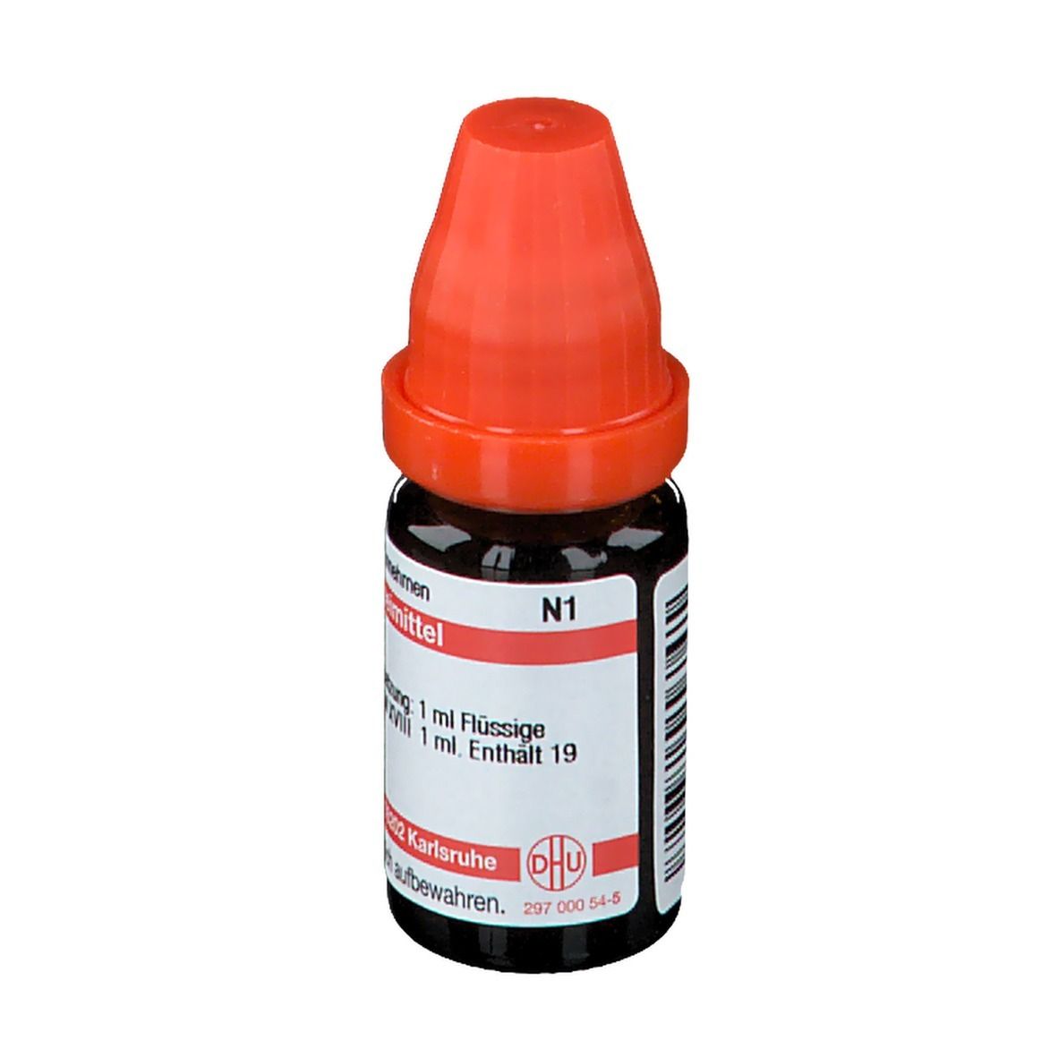 Braune Glasflasche mit rotem Verschluss. Beschriftung: Dulcamara LM XVIII, N1, 1 ml Flüssige Verdünnung.