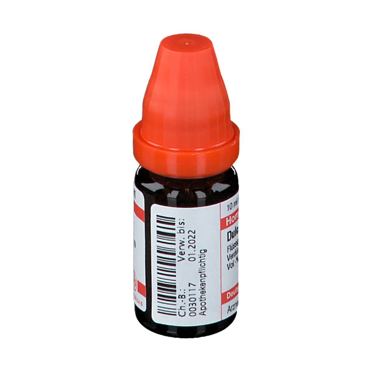 Braune Glasflasche mit rotem Verschluss. Beschriftung: Dulcamara LM XVIII, Apothekenpflichtig, Ch.-B.: 0030117.