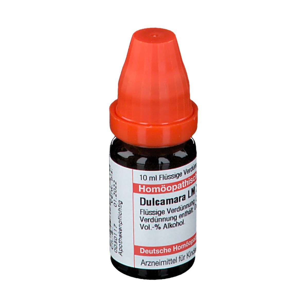 Braune Glasflasche mit rotem Verschluss. Beschriftung: Dulcamara LM XVIII, 10 ml Flüssige Verdünnung.