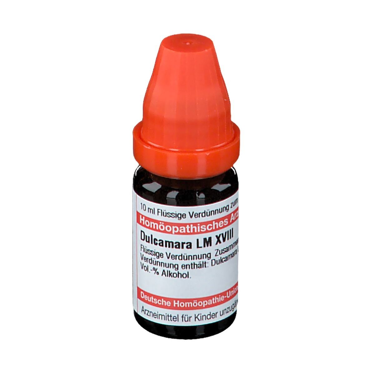 Braune Glasflasche mit rotem Verschluss. Beschriftung: Dulcamara LM XVIII, 10 ml Flüssige Verdünnung.