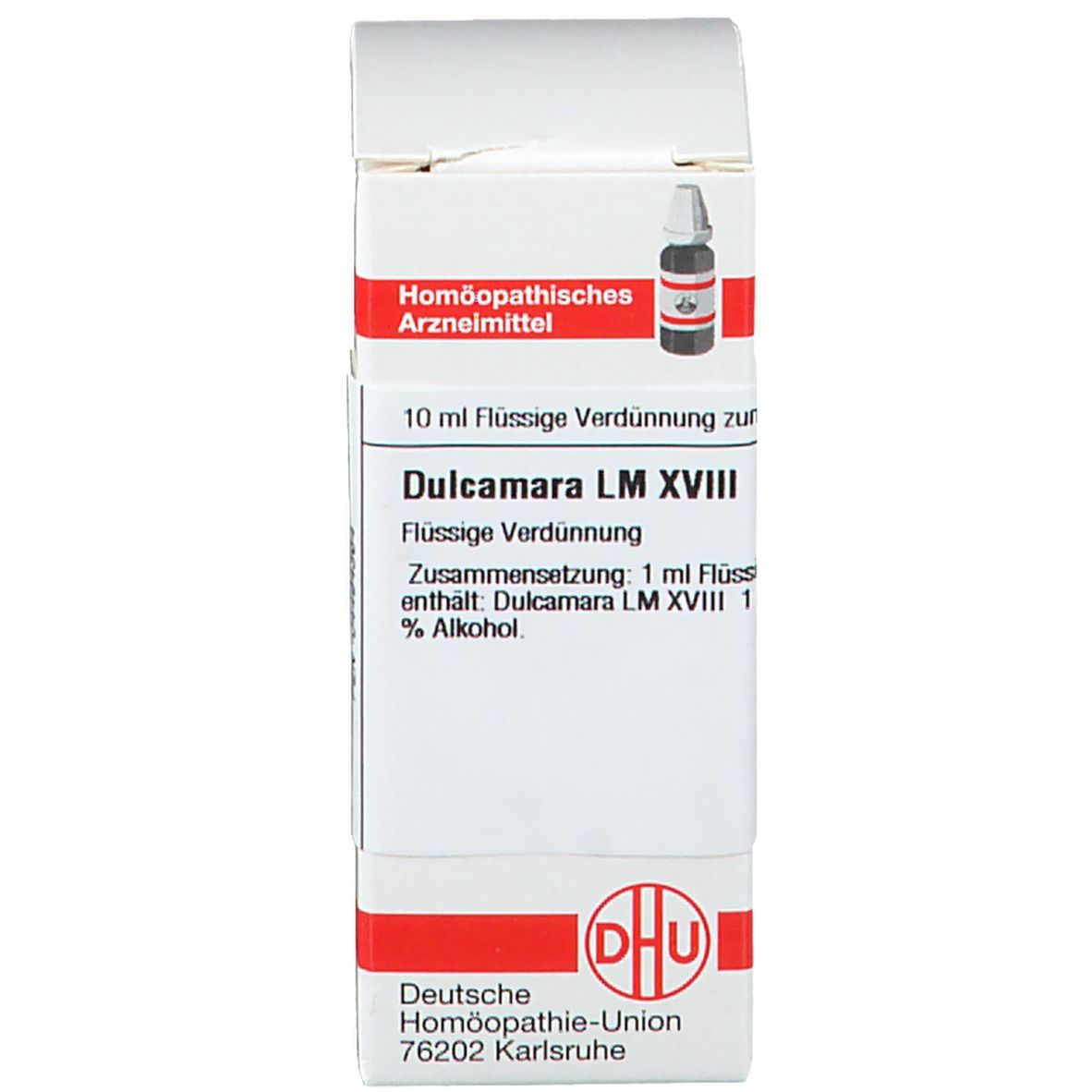 Weiße Verpackung mit brauner Flasche und rotem Verschluss. Beschriftung: Dulcamara LM XVIII, 10 ml Flüssige Verdünnung.