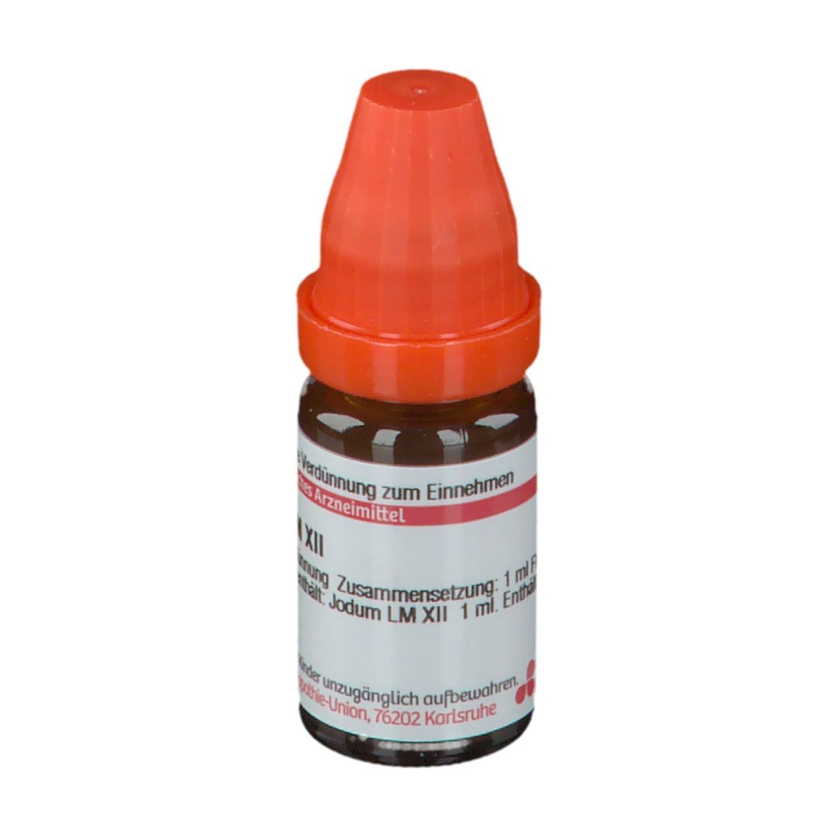 Braune Flüssigkeit in einer Glasflasche mit orangefarbenem Verschluss. Beschriftung: Jodum LM XII, 10 ml.