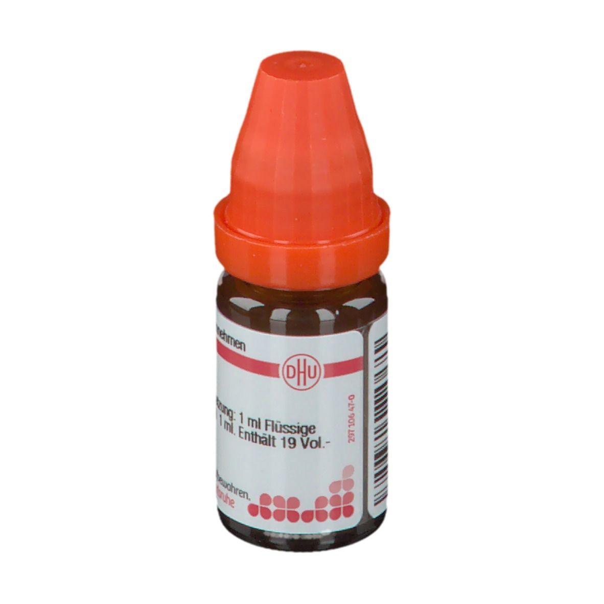 Braune Flüssigkeit in einer Glasflasche mit orangefarbenem Verschluss. Beschriftung: Jodum LM XII, 10 ml.