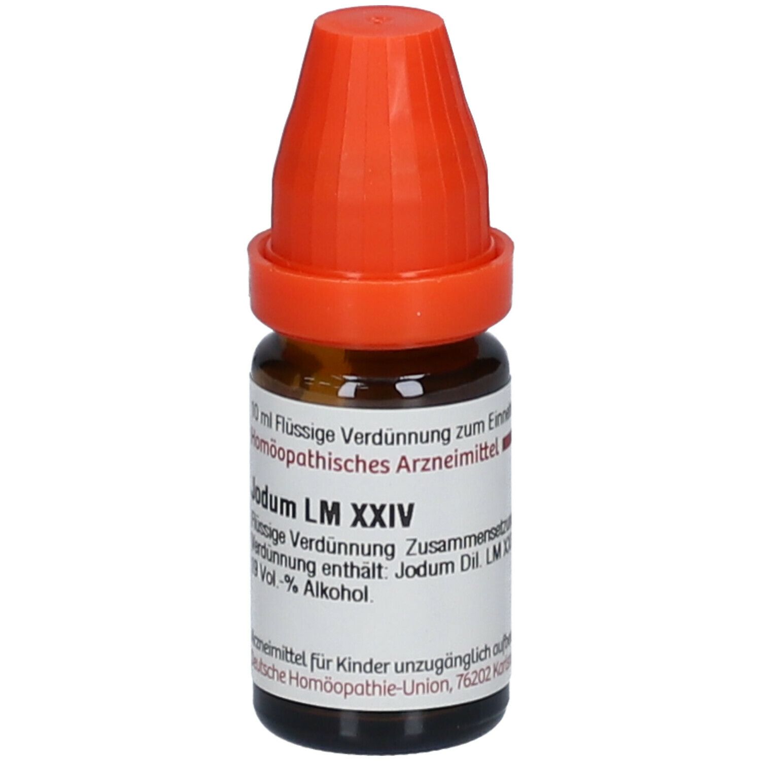 Braune Glasflasche mit orangefarbenem Verschluss. Etikett mit Produktinformationen: Jodum LM XXIV, flüssige Verdünnung.