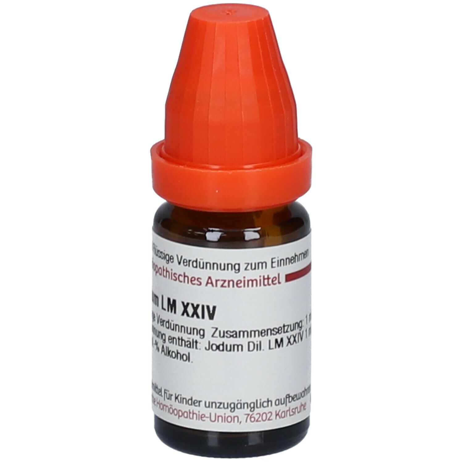 Braune Glasflasche mit orangefarbenem Verschluss. Etikett mit Produktinformationen: Jodum LM XXIV, flüssige Verdünnung.