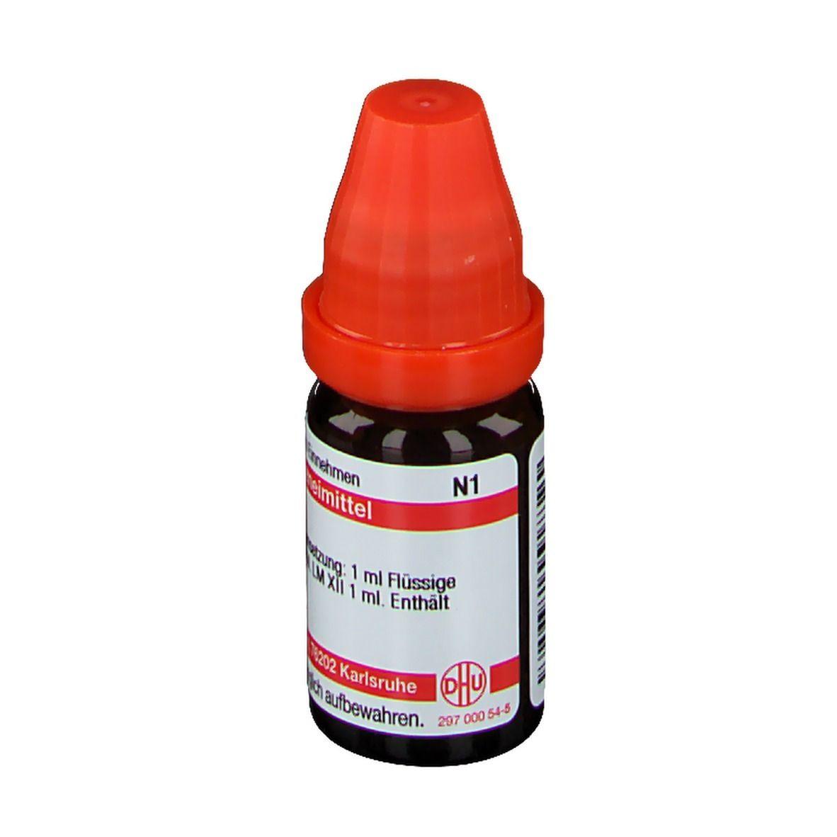 Braune Glasflasche mit rotem Verschluss. Beschriftung: Sabadilla LM XII, N1, 1 ml Flüssige Verdünnung.