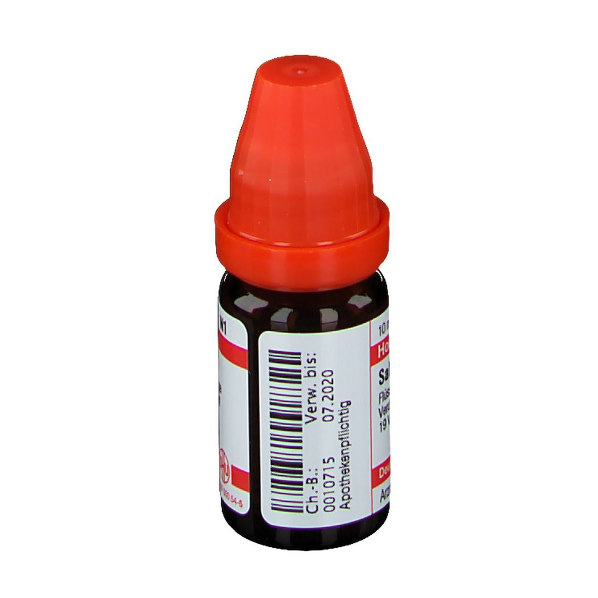 Braune Glasflasche mit rotem Verschluss. Beschriftung: Sabadilla LM XII, Ch.-B.: 0010715, Verwendbar bis 07.2020.