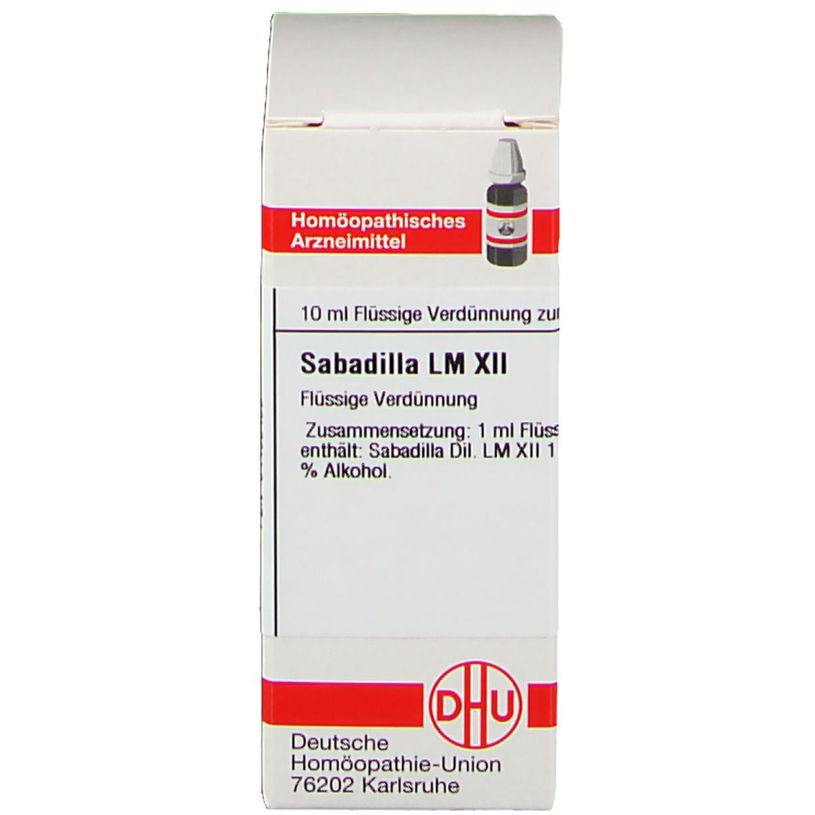Verpackung mit Beschriftung: Sabadilla LM XII, 10 ml Flüssige Verdünnung, Deutsche Homöopathie-Union.