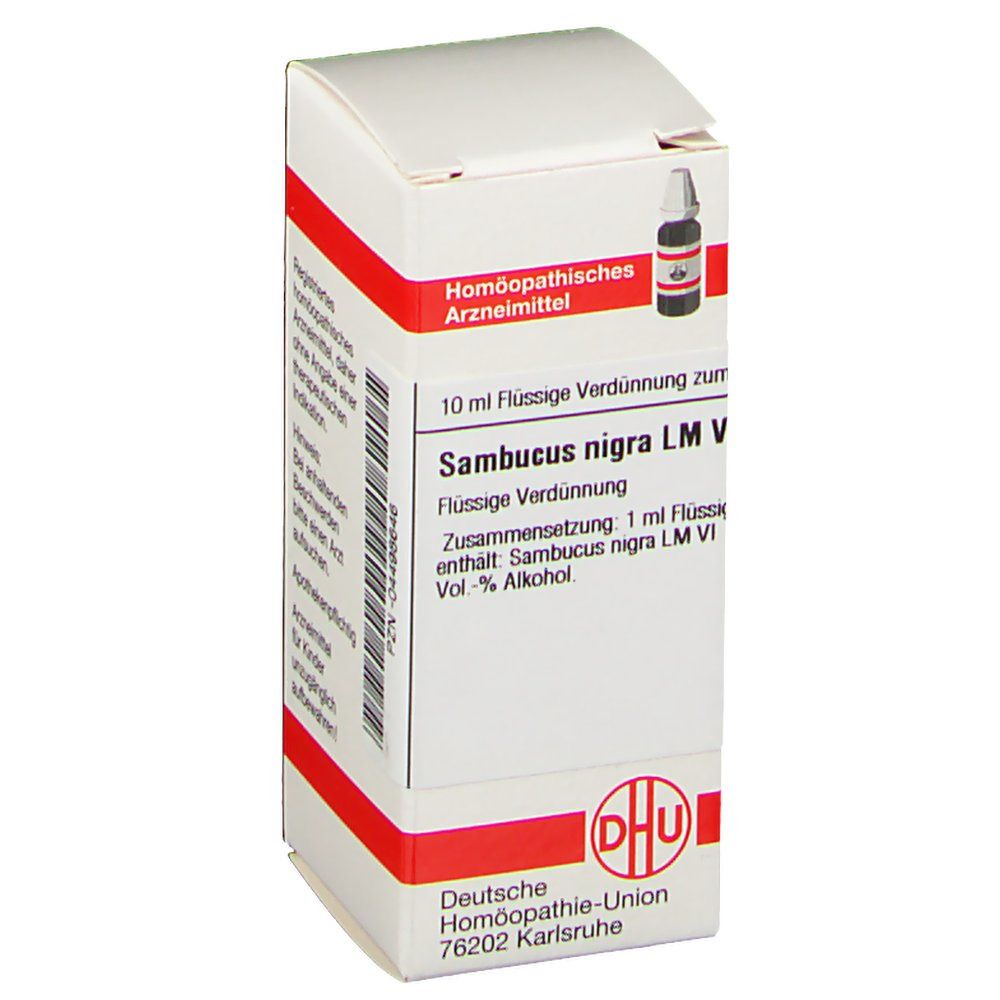 Weiße Faltschachtel mit roter Linie. Aufdruck: Sambucus nigra LM VI, DHU Logo, Homöopathisches Arzneimittel.