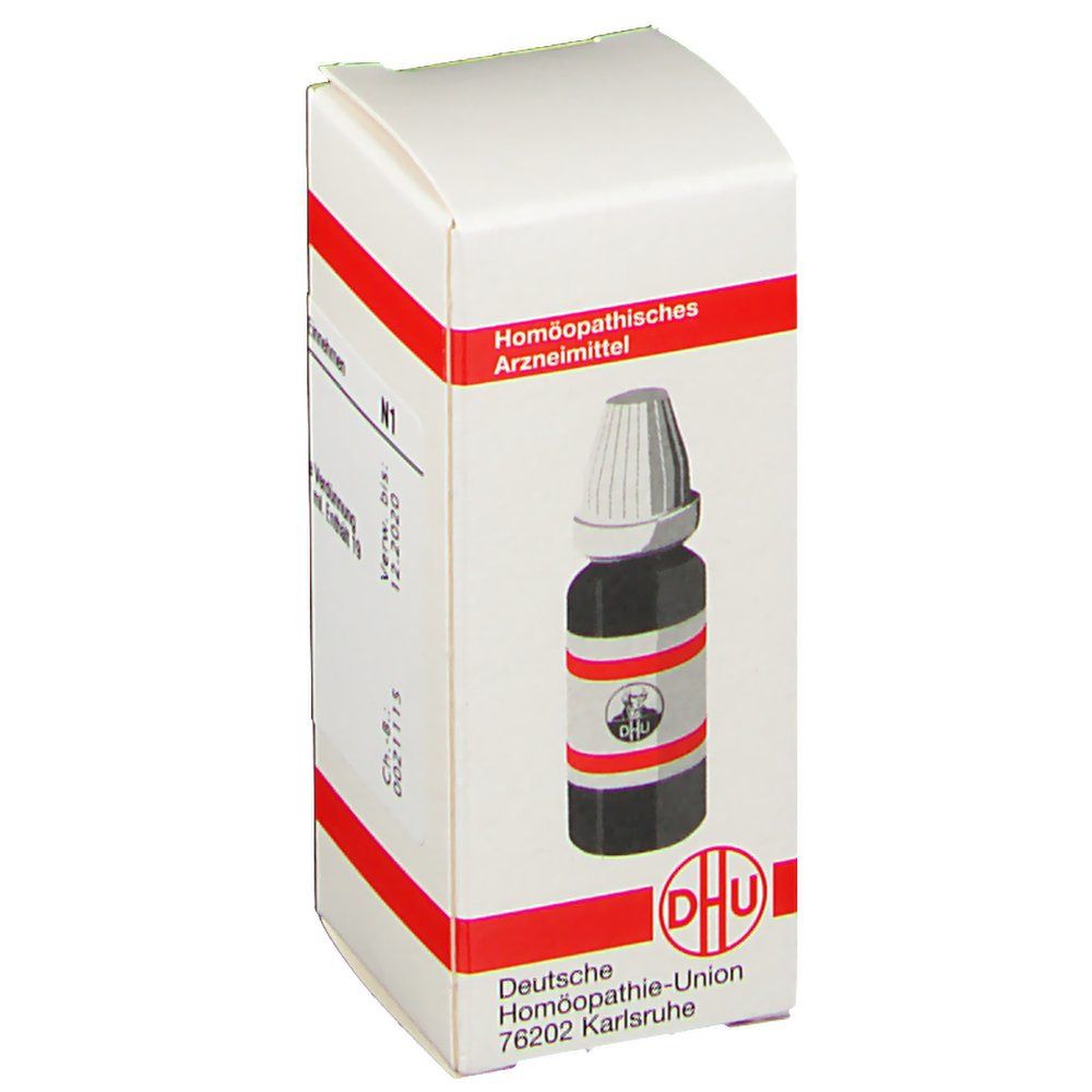 Weiße Faltschachtel mit roter Linie. Aufdruck: DHU Logo, Flasche mit Tropfer. Homöopathisches Arzneimittel.