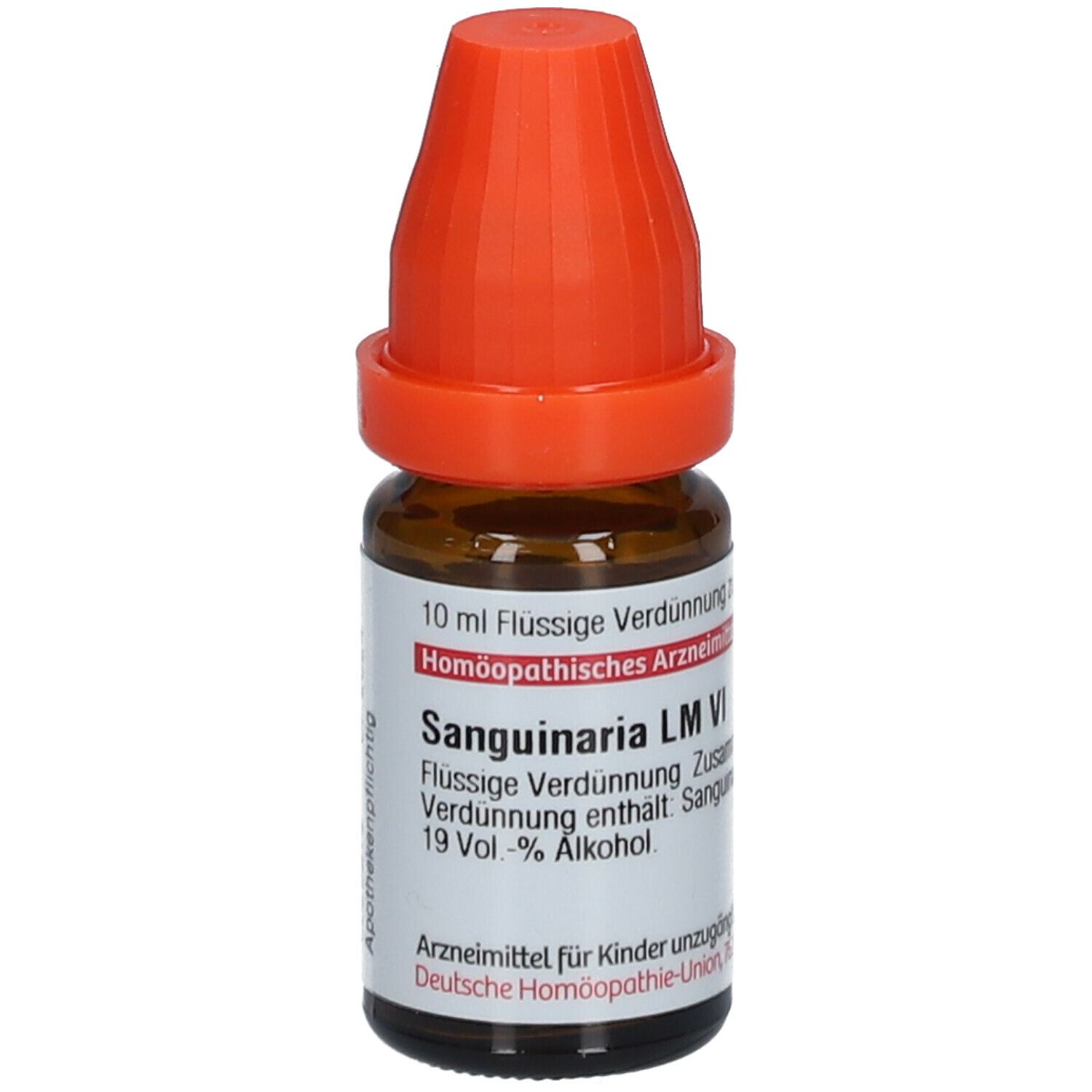 Braune Glasflasche mit orangefarbenem Verschluss. Beschriftung: Sanguinaria LM VI, 10 ml flüssige Verdünnung.
