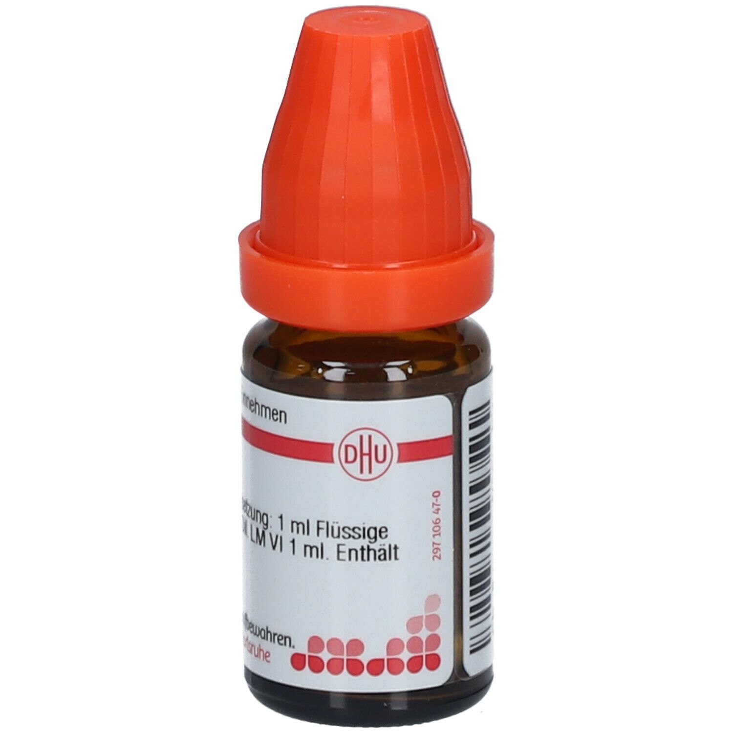 Braune Glasflasche mit orangefarbenem Verschluss. Beschriftung: DHU, Sanguinaria LM VI, 1 ml flüssige Verdünnung.