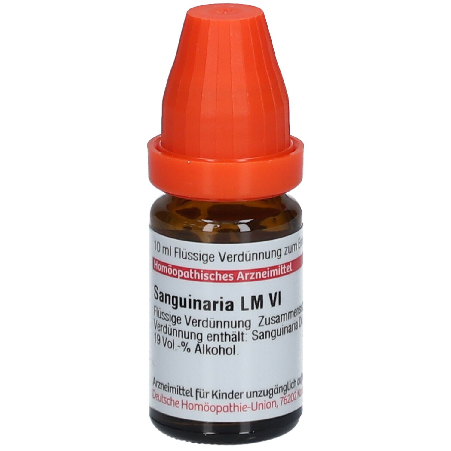 Braune Glasflasche mit orangefarbenem Verschluss. Beschriftung: Sanguinaria LM VI, 10 ml flüssige Verdünnung.