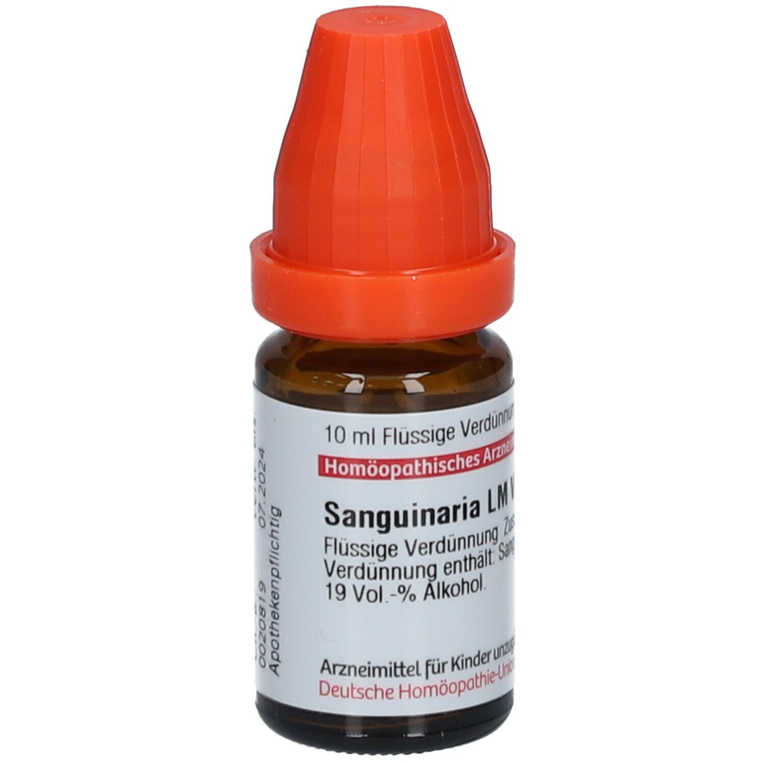 Braune Glasflasche mit orangefarbenem Verschluss. Beschriftung: Sanguinaria LM VI, 10 ml flüssige Verdünnung. Mit Etikett.