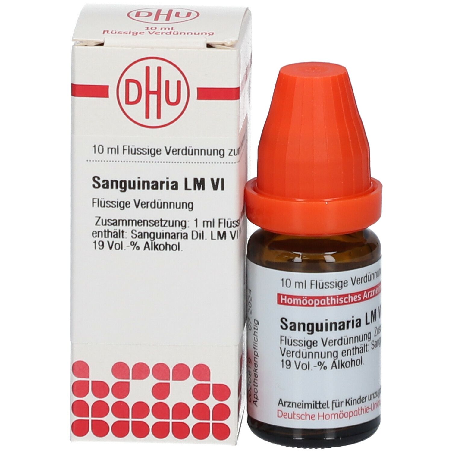 Braune Glasflasche mit orangefarbenem Verschluss neben weißer Schachtel. Beschriftung: DHU, Sanguinaria LM VI.