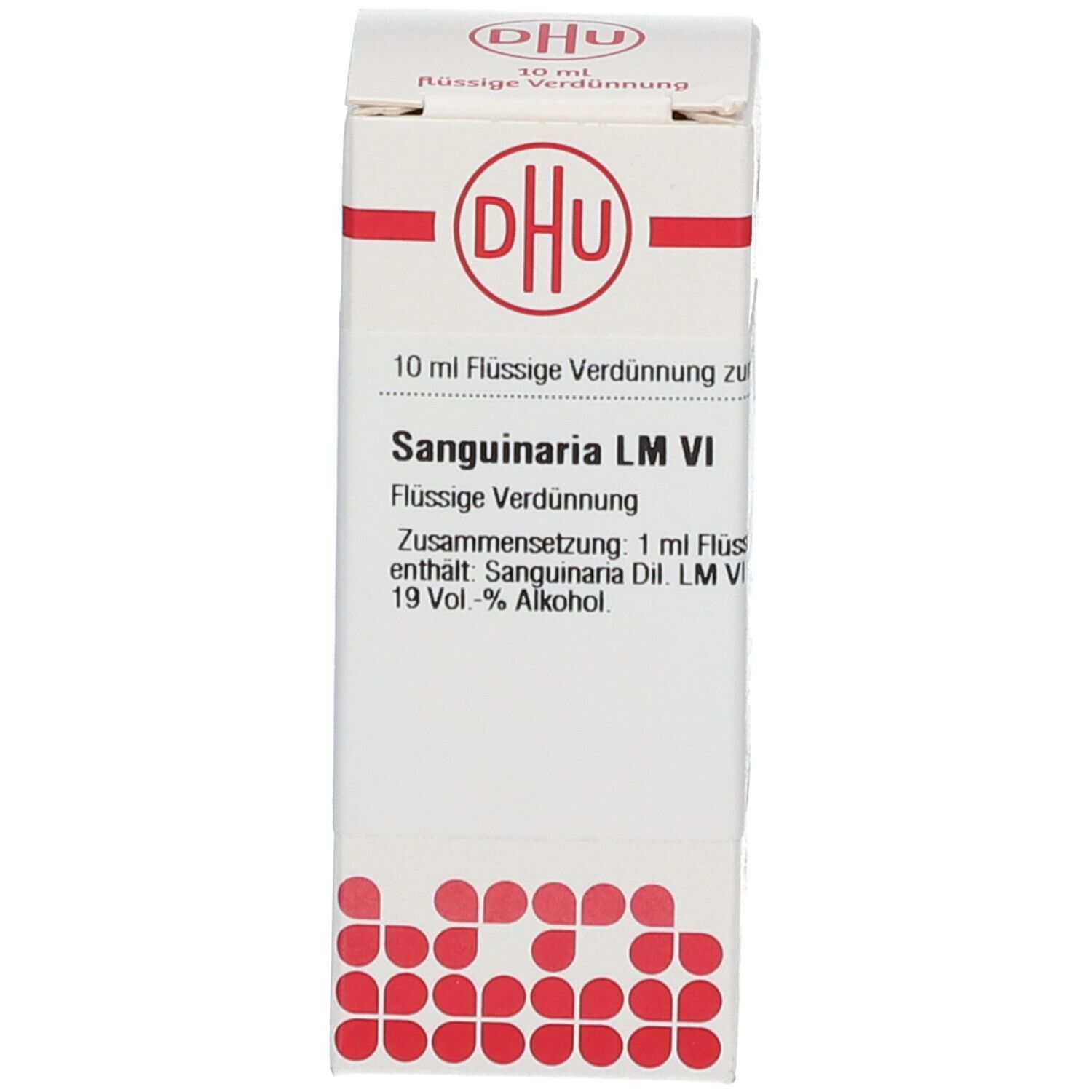 Weiße Schachtel mit rotem Logo und Beschriftung: DHU, Sanguinaria LM VI, 10 ml flüssige Verdünnung.