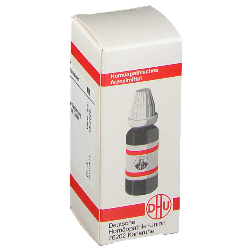 Weiße Schachtel mit roter Umrandung. Auf der Oberseite ein Bild der Flasche. DHU-Logo. Homöopathisches Arzneimittel.