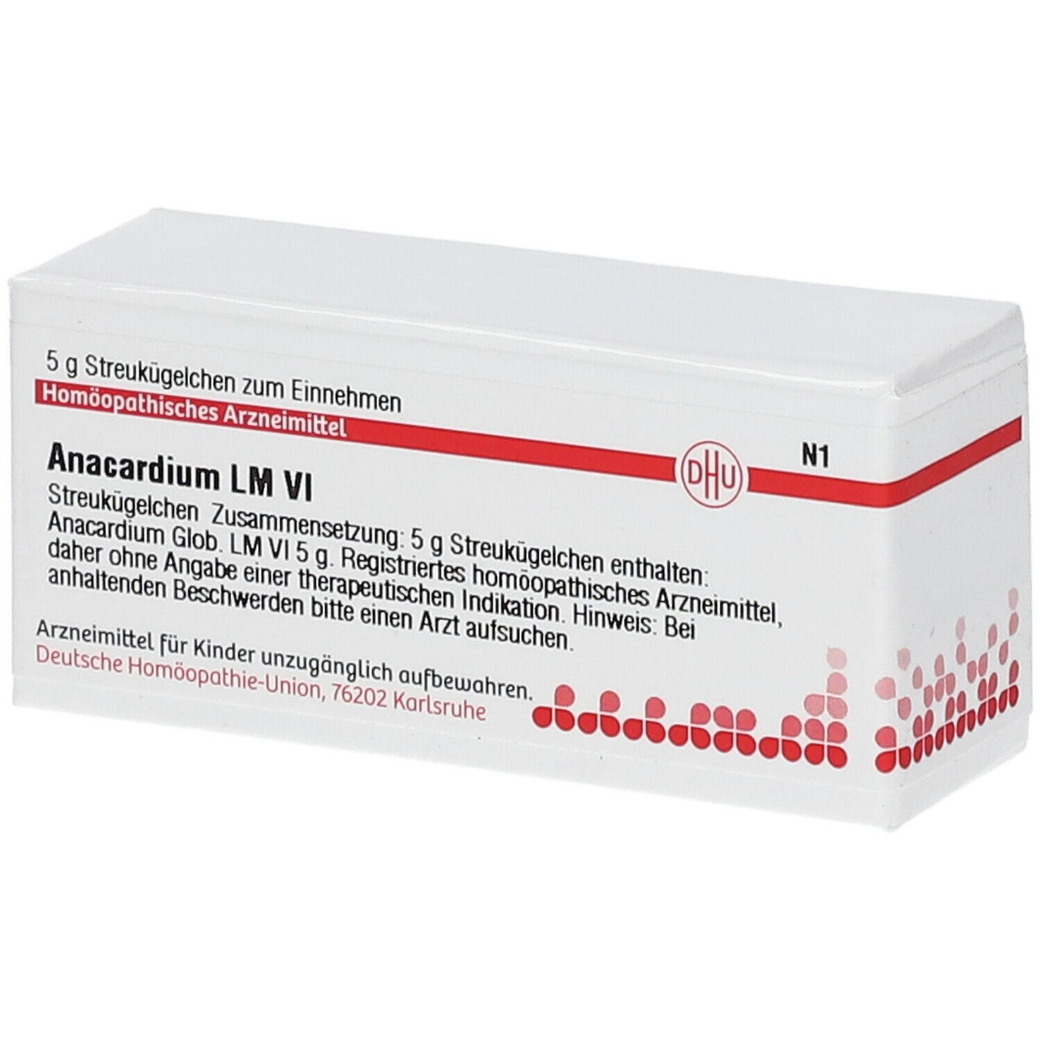 Weiße Arzneimittelverpackung mit roter Schrift und DHU-Logo. Beschriftung: Anacardium LM VI, 5 g Streukügelchen.