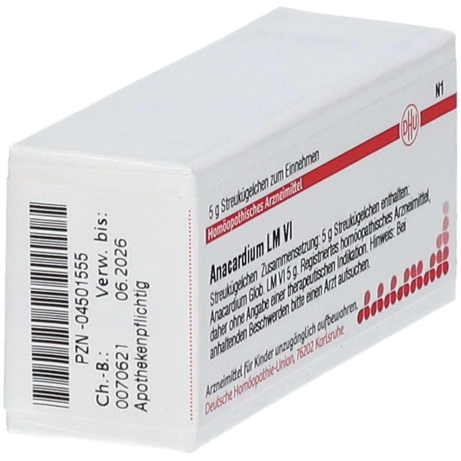 Weiße Arzneimittelverpackung, seitliche Ansicht. Rote Schrift und DHU-Logo. Beschriftung: Anacardium LM VI, 5 g Streukügelchen.