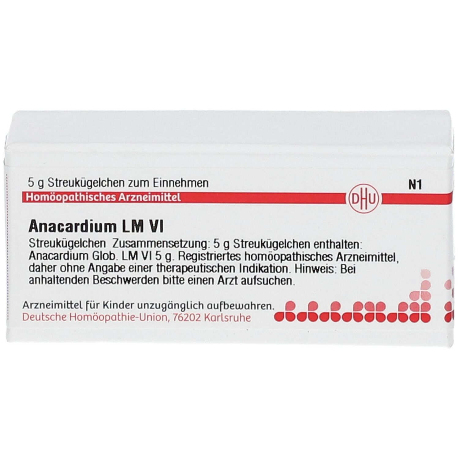Weiße Arzneimittelverpackung mit roter Schrift und DHU-Logo. Beschriftung: Anacardium LM VI, 5 g Streukügelchen.