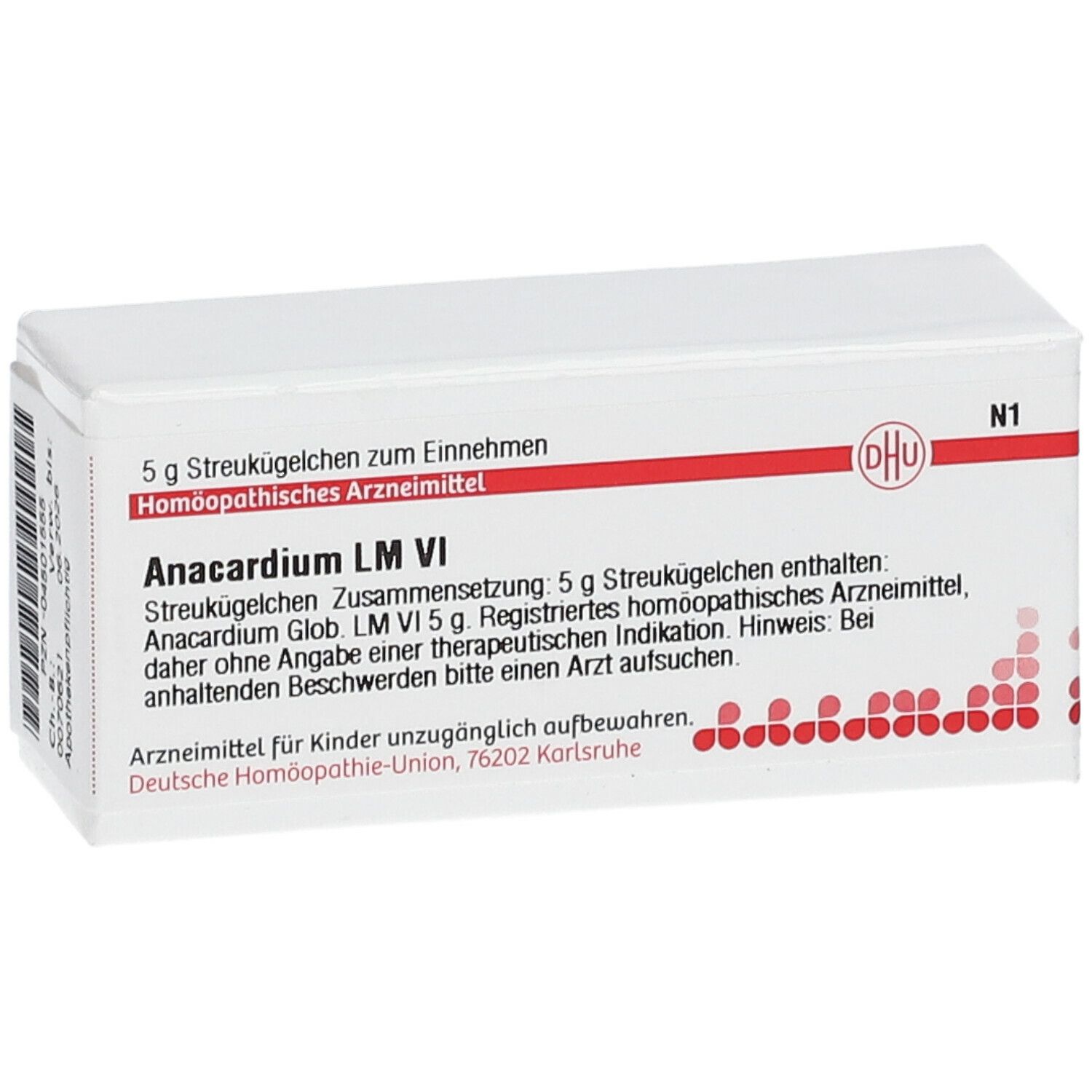 Weiße Arzneimittelverpackung mit roter Schrift und DHU-Logo. Beschriftung: Anacardium LM VI, 5 g Streukügelchen.