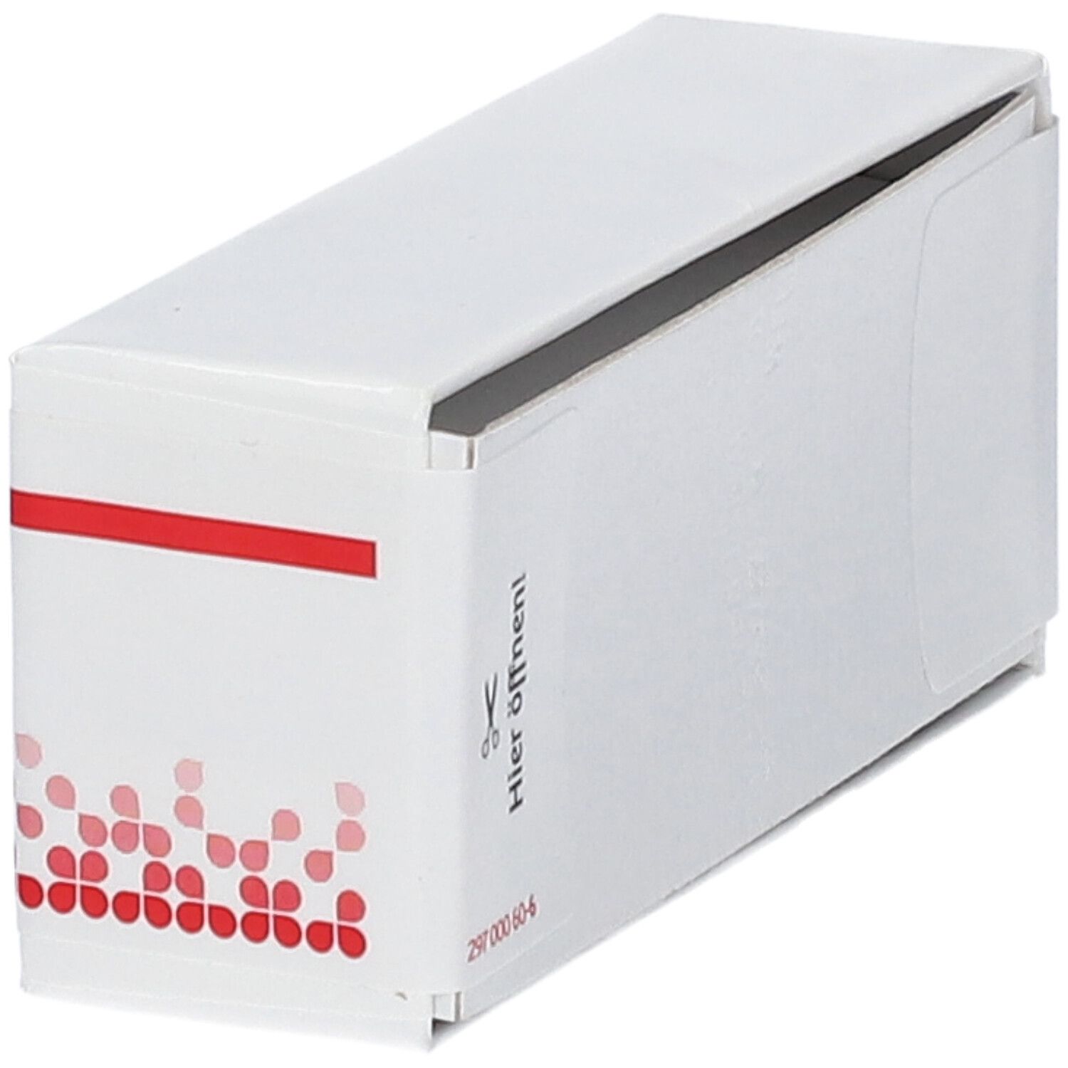 Weiße Schachtel, teilweise geöffnet. Roter Streifen. Aufschrift: Hier öffnen! Homöopathisches Arzneimittel.