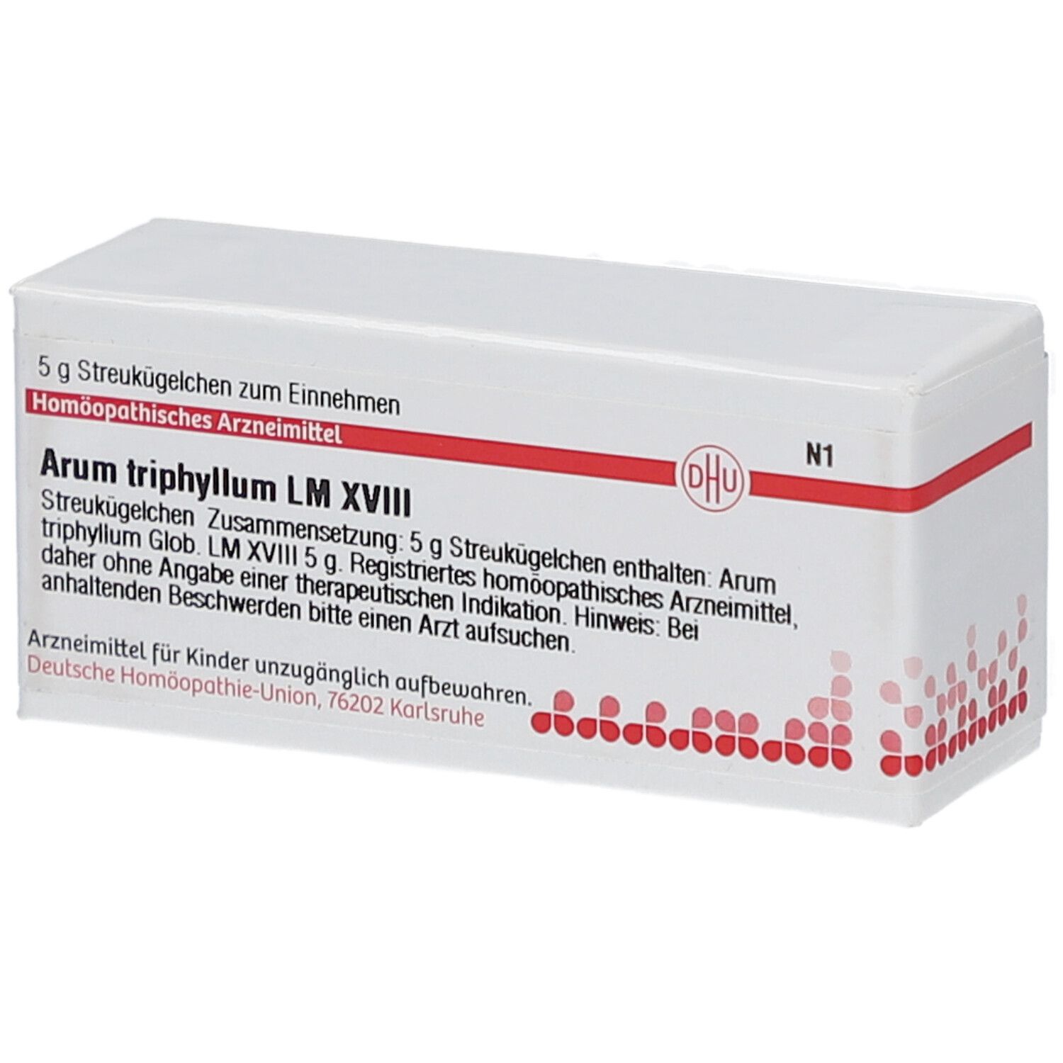 Weiße Schachtel mit rotem Streifen. Aufschrift: Arum triphyllum LM XVIII, 5 g Streukügelchen. DHU Logo. N1.