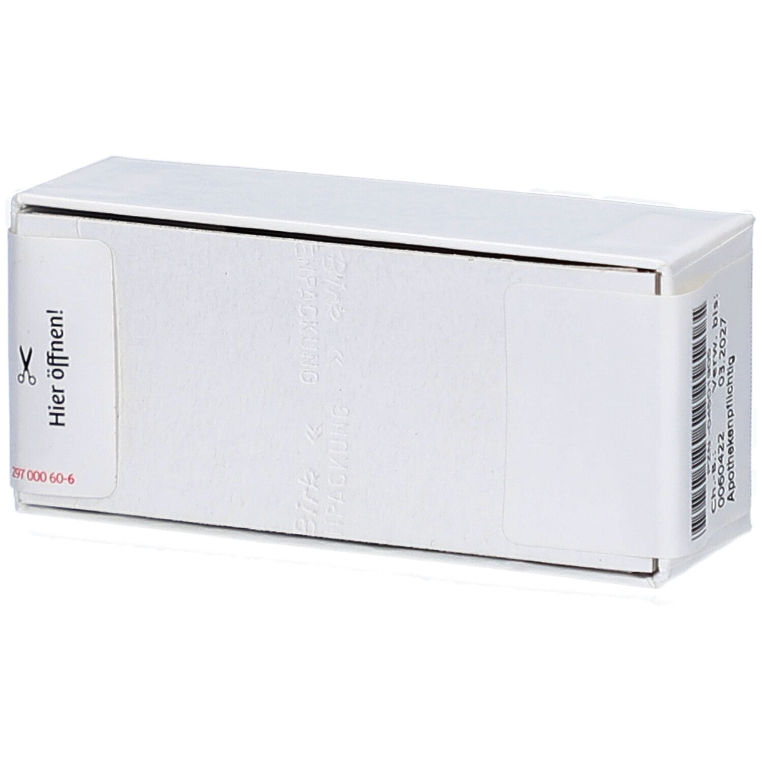 Weiße Schachtel mit Aufkleber. Aufschrift: Hier öffnen! Barcode und Chargennummer. Apothekenpflichtig.