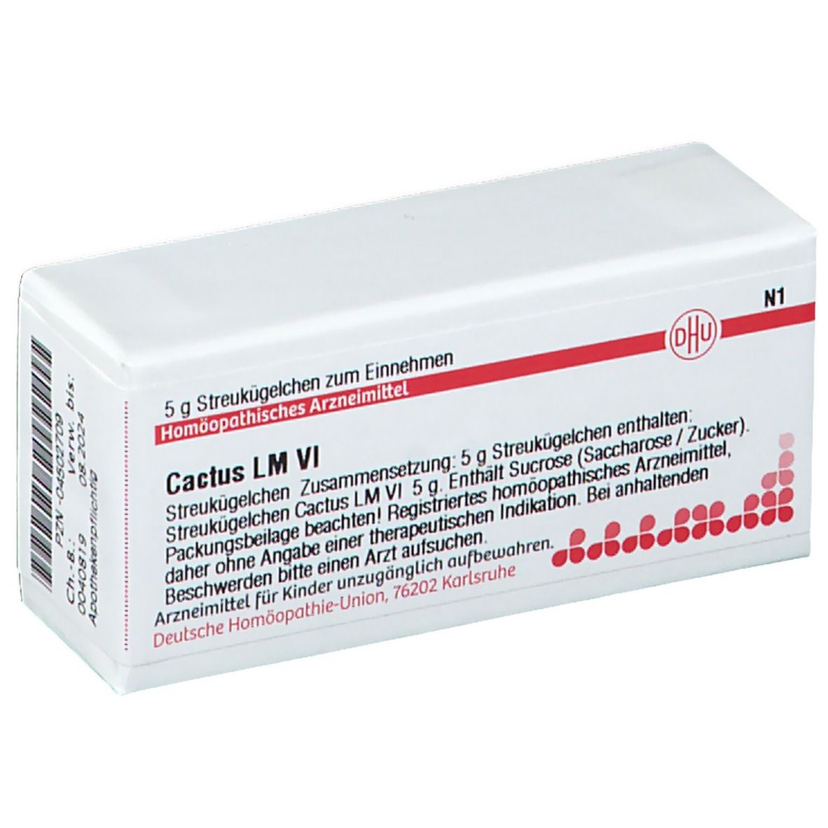 Weiße rechteckige Schachtel mit roter Schrift und DHU-Logo. Text: Cactus LM VI, 5 g Streukügelchen. Apothekenpflichtig.