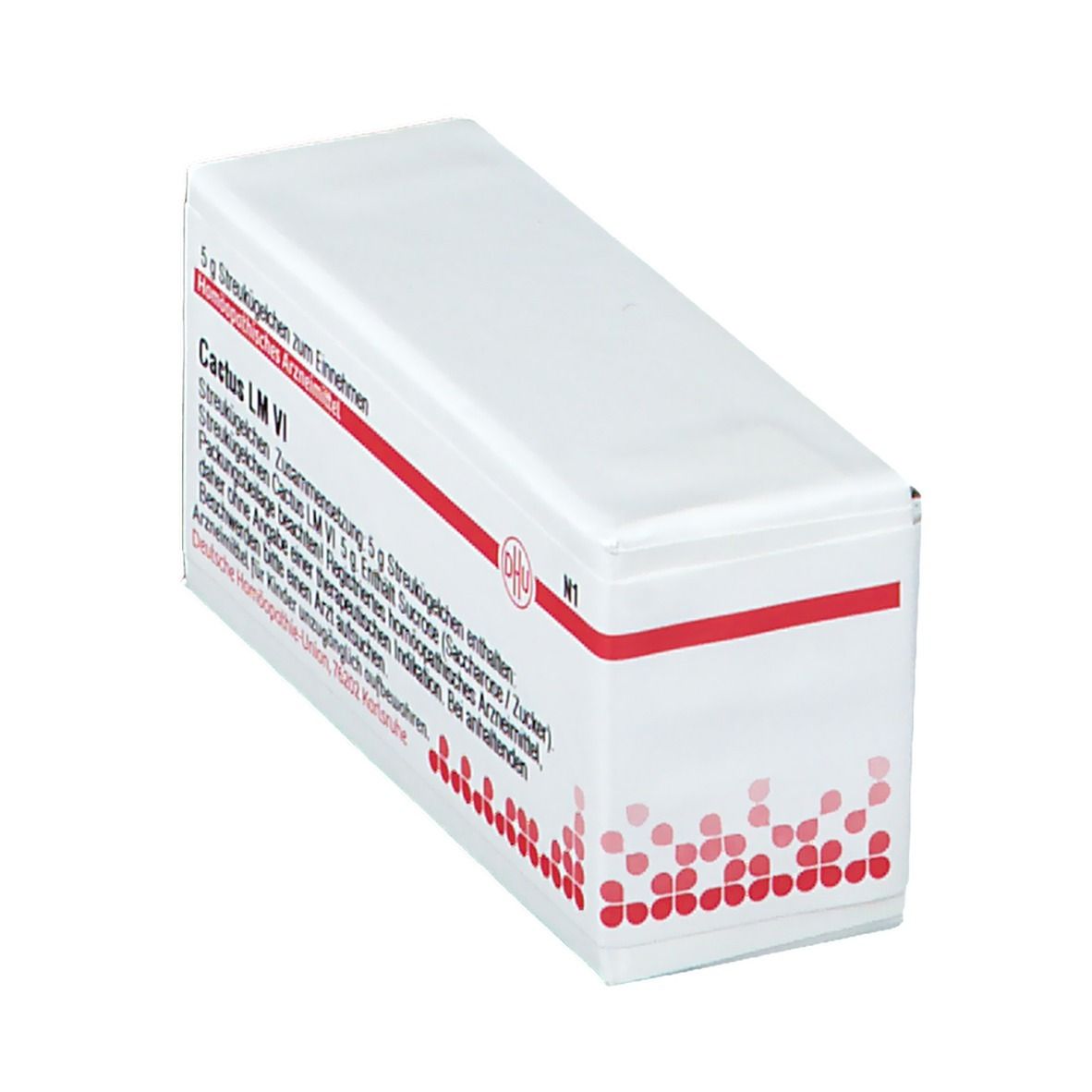 Weiße rechteckige Schachtel mit roter Schrift und DHU-Logo. Text: Cactus LM VI, 5 g Streukügelchen. Apothekenpflichtig.
